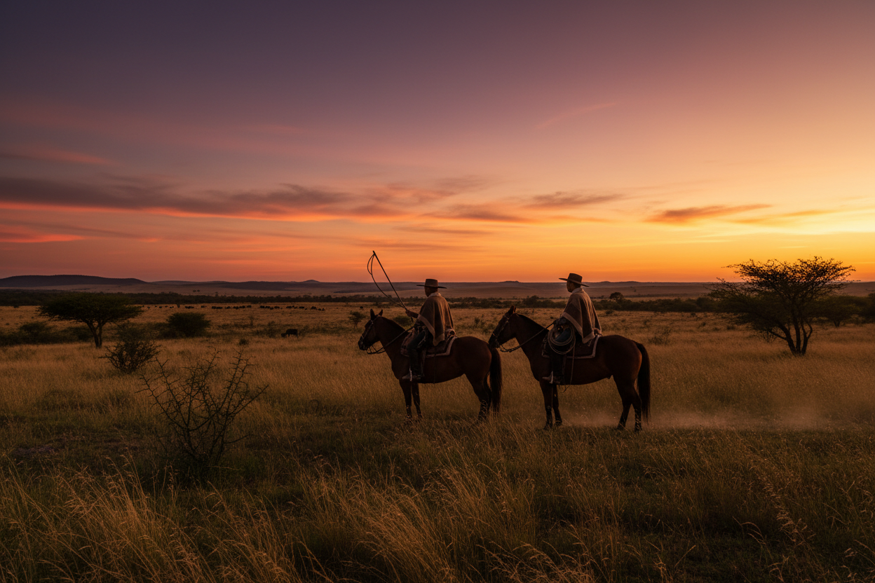 Gauchos al atardecer en la pampa